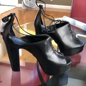 Michael Kors Collection Black Leather Platform Peep-Toe Lace-Up Sandals